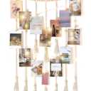 Mkono Macrame Hanging Photo Display Wall Decor with String Lights Boho Room Bedroom Wooden Beads Garland Picture Greeting Cards Holder with 30 Clips