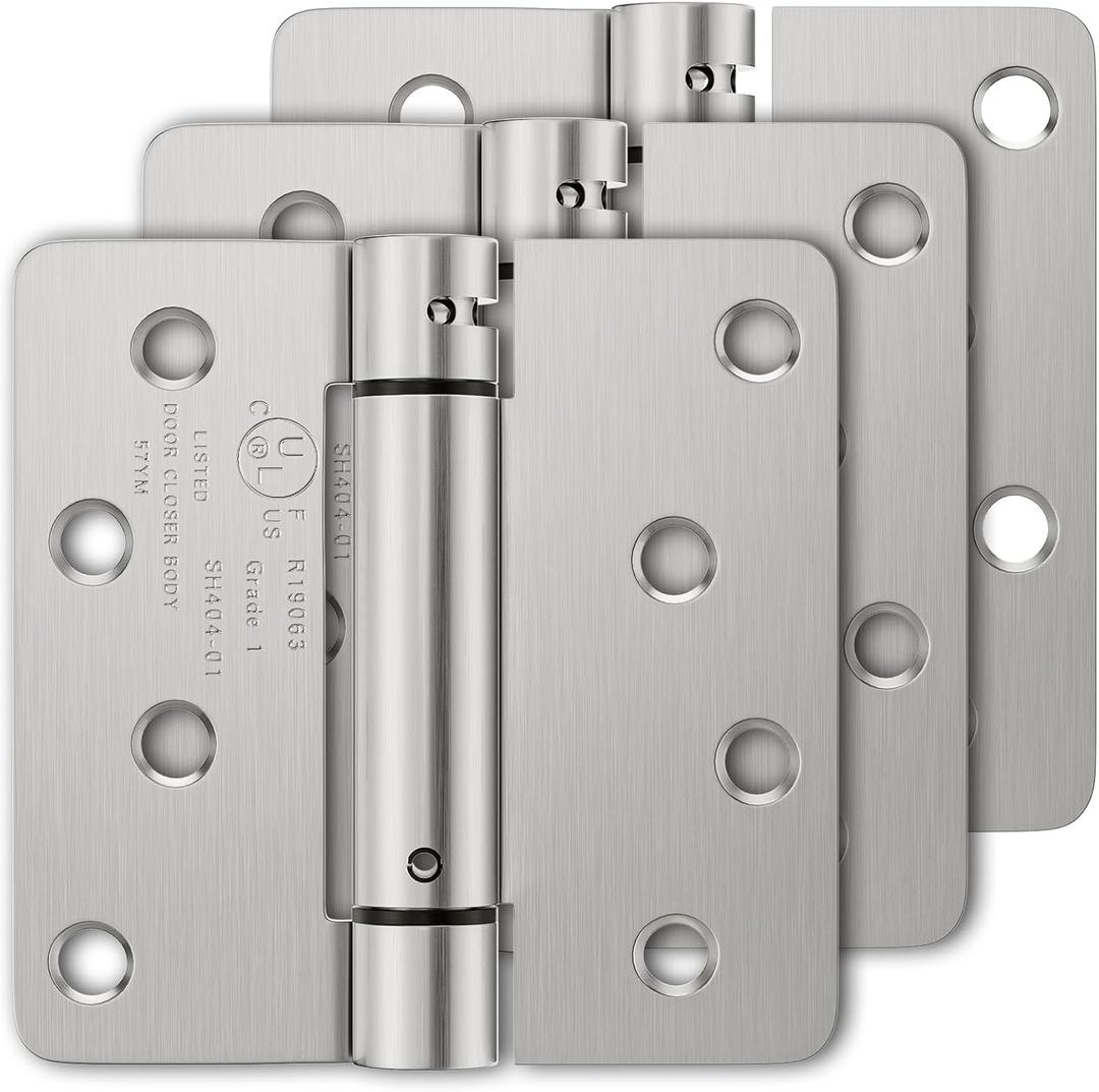 3 Pack Self Closing Door Hinges, 4 Inch Spring Loaded Door Hinges, Adjustable Tension for Garage, Front Door, Back Door, for Left and Right Hand Door, 1/4'' Radius Corners, UL Listed