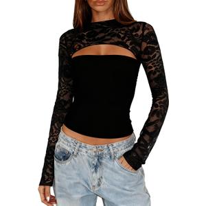 Womens Lace Long Sleeve Going Out Top Sexy Cut Out Y2K Crew Neck Club Party Night Out Tops Mesh Lace Blouse Shirt (Black, XL)