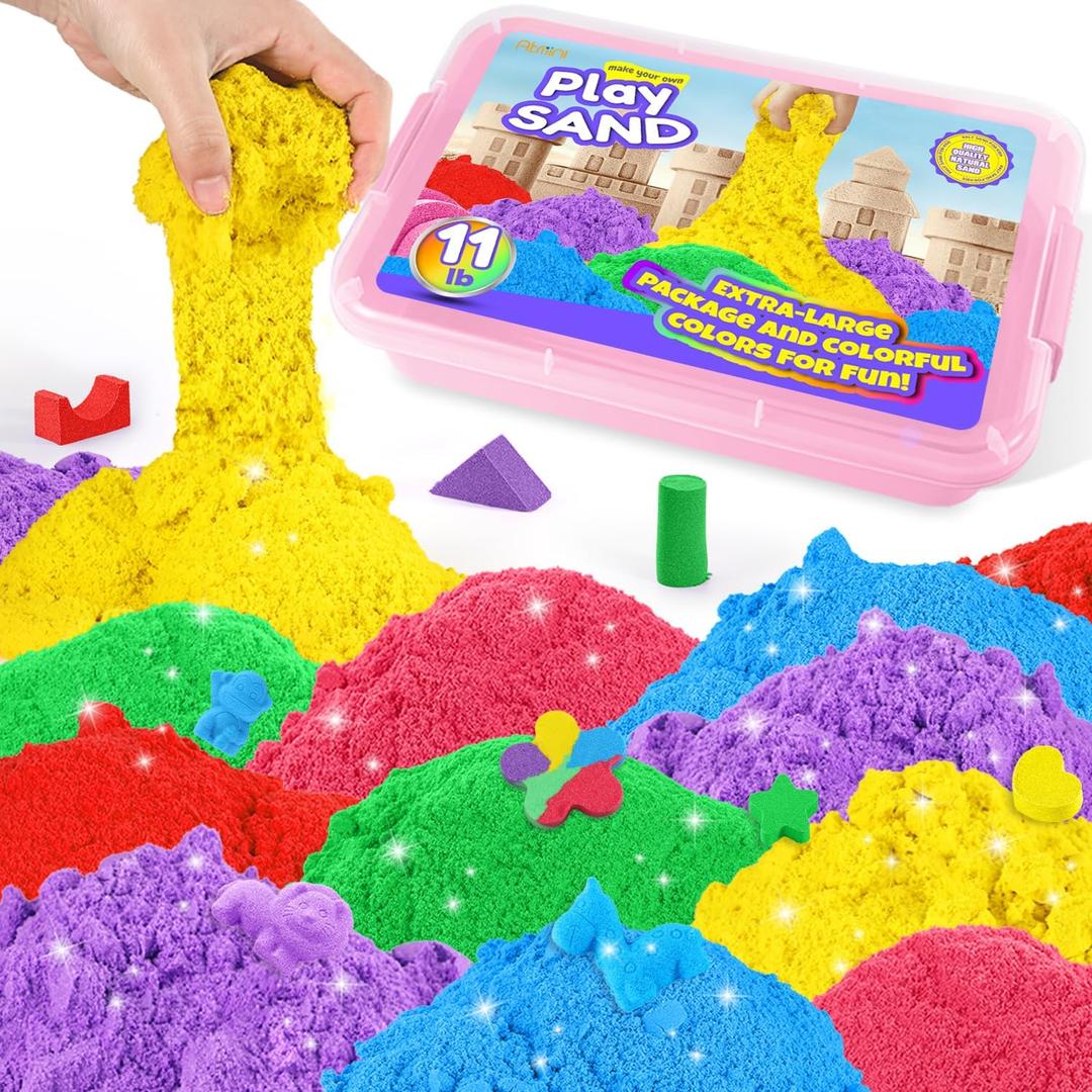 AtMini Play Sand with 6 Colored Sands of 11lbs, Including a Sand Tray with Lid - Sensory Toy Kits and Sand Art Kits for Kids (Pink Tray)