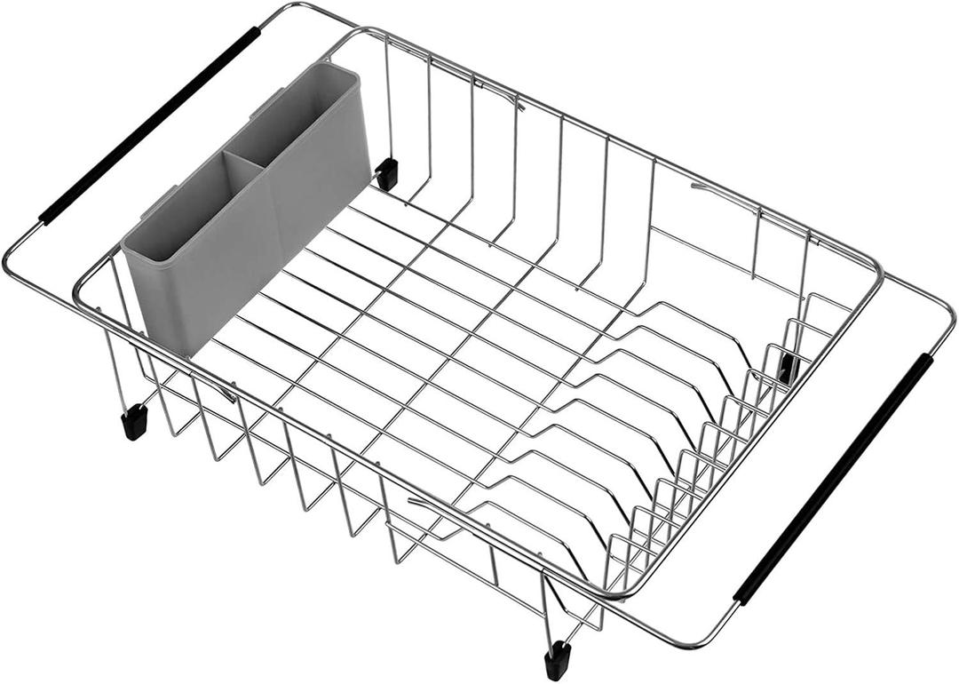 SANNO Deep & Large Dish Drying Rack Expandable Dishes Drainer Over The Sink Adjustable Arms Dish Drainer,Dish Rack in Sink or On Counter Utensil Silverware Storage Holder, Rustproof Stainless Steel (Gray)