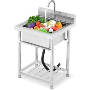 Utility Stainless Steel Sink Free Standing Single Bowl Laundry Outdoor Commercial Kitchen Sink with Cold Hot Pipe for Bar, Garage, Restaurant, Kitchen, Laundry Room, Outdoor, 24" x 24" (Silver)