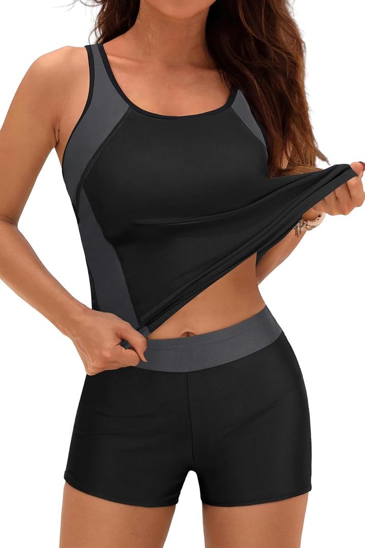 Daci Women 2 Piece Tankini Swimsuit - 2025 Tummy Control Sporty Bathing Suit Color Block Swim Tank Top with Boy Shorts (Large, Black and Gray)