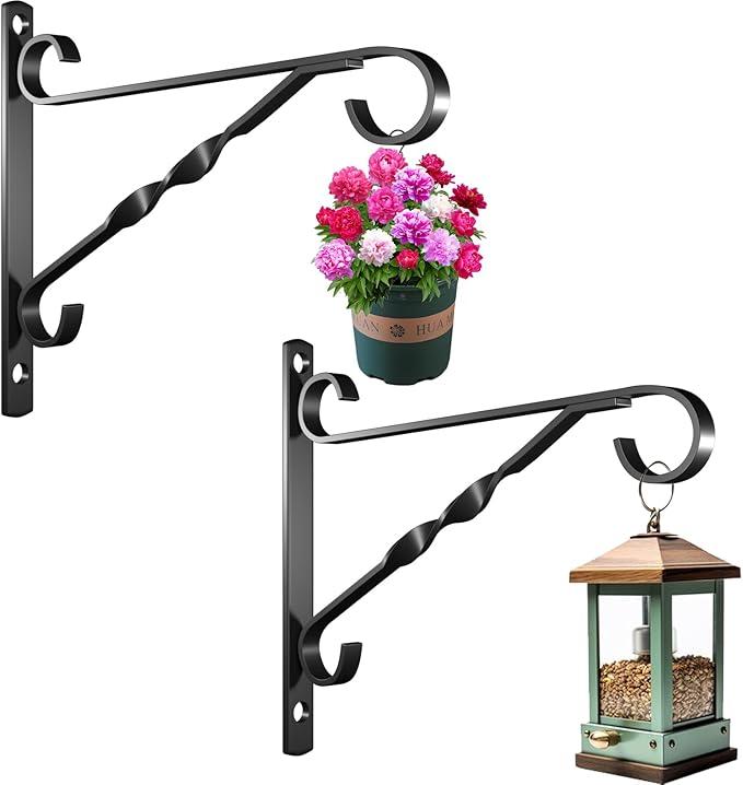 AMAGABELI GARDEN & HOME 2 Pack Hanging Plant Brackets Outdoor 10 inch Metal Fence Wall Plant Hanger Hooks for Hanging Flower Baskets Bird Feeders Lanterns Wind Chimes Rust-Resistant Black