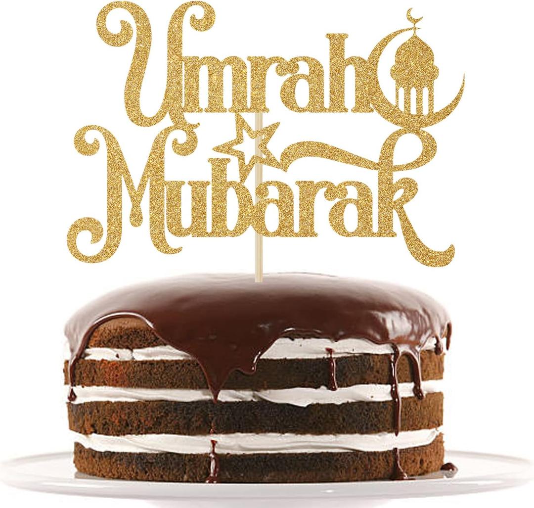 2 x Gold Glitter Umrah Mubarak Cake Topper, Eid Ramadan Mubarak Cake Decorations, Muslim Islam Eid al-Fitr Party Decorations