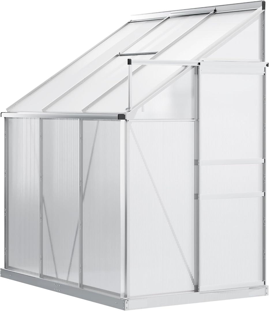Outsunny 6' x 4' Aluminum Lean-to Greenhouse Polycarbonate Walk-in Garden Greenhouse with Adjustable Roof Vent, Rain Gutter and Sliding Door for Winter, Clear