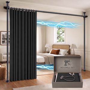GONNRLY Room Divider Curtains, No Drill Privacy Curtain Set with Retractable Rod, Tool-Free Blackout Room Divider for Bedroom Black-100 W x 96" L(Pack of 2)
