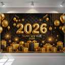 Happy New Year 2026 Backdrop Gold Black Balloons Fireworks Gift Boxes Sparkling Party Banner 71x43 Inches Chinese New Year Eve Decoration Indoor Outdoor Celebration Photography Background