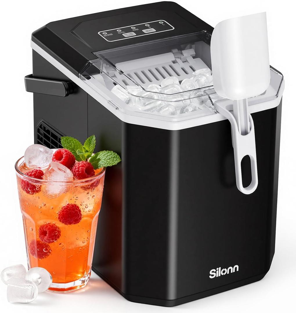 Silonn Ice Maker Countertop Machine with Handle, 26lbs in 24h, 9 Ice Cubes Ready in 6 Mins, Self-Cleaning Ice Makers with Basket and Scoop, Ideal for Home, Kitchen, Camping, RV