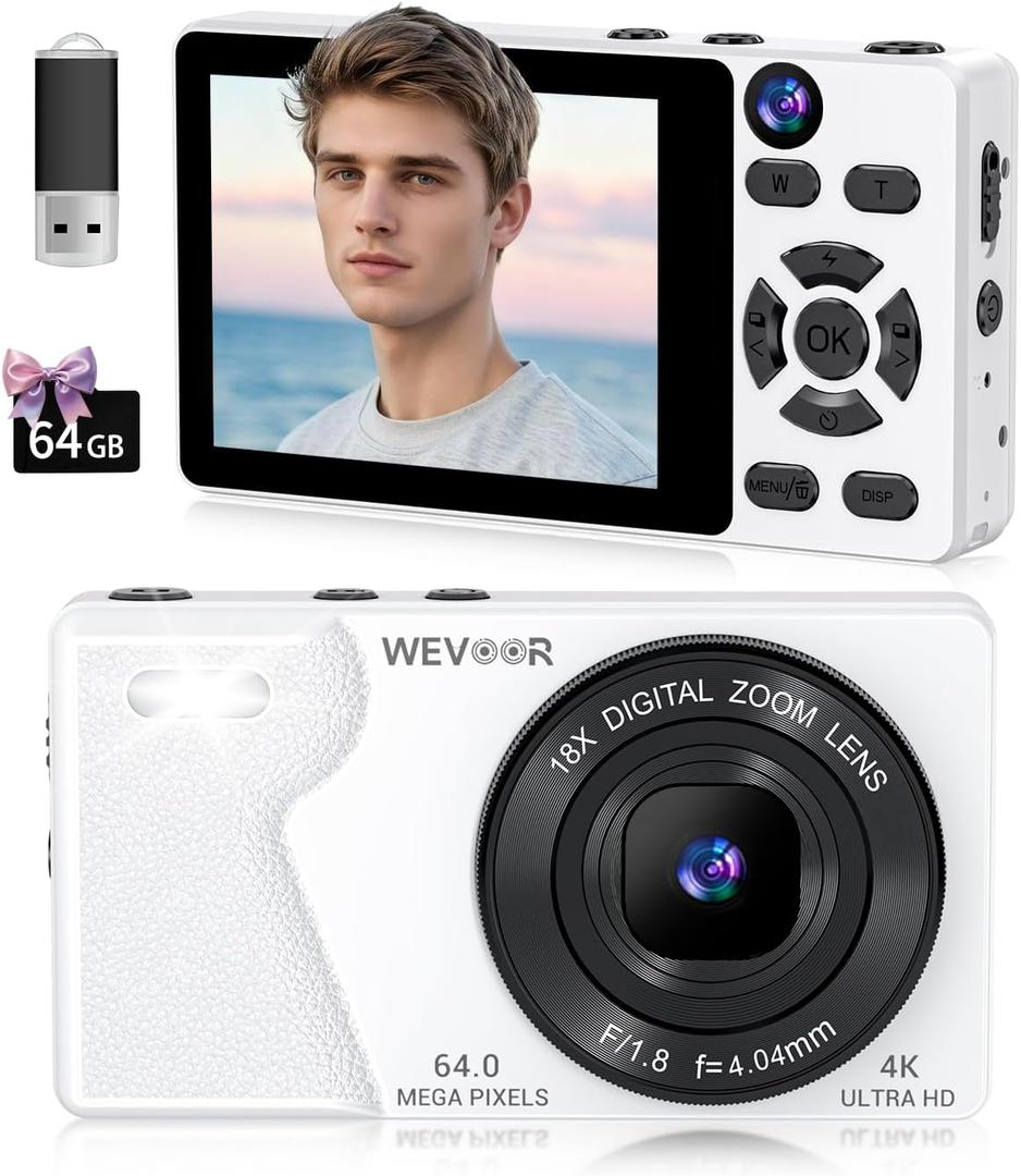 4K Digital Camera for Photography- 64MP Autofocus Vlogging Camera with Dual Lens, 18X Digital Zoom- Small Point and Shoot Camera with Card and 2000mAh for YouTube, Travel, Beginners (White)