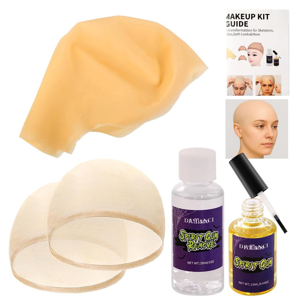 Bald Cap Halloween Makeup Kit, Latex Bald Wig Cap with Spirit Gum Adhesive & Remover for Woman Man Kids Professional Bald Cap Set for Cosplay,Sfx Halloween Costumes Party Theater look-with Instruction