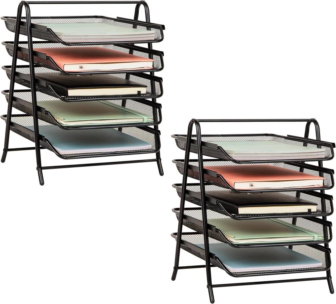 Mind Reader 5-Tier Paper Tray, Desktop Organizer, File Storage, Office, Metal Mesh, 11.75" L x 14" W x 15" H, Set of 2, Black