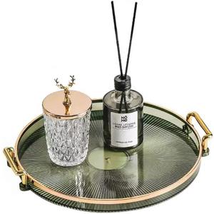 Acrylic Vanity Tray with Gold Handles, Decorative Serving Tray for Jewelry Comestic Candle Dish Plate, Vanity Counter Bathroom Table Organizer Green (11.8 ''x 1.3” H)