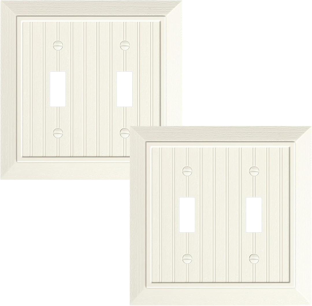 2-Pack Classic Beadboard Double Toggle Light Switch Cover Plate, Unbreakable Polycarbonate Decorative Switch Plate Covers, Light Almond 2 Gang Wall Plate