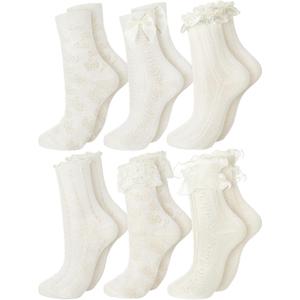 Fourluoo 6 Pairs Ruffle Socks Women Frilly Lace Ankle Socks Cream Lolita Princess Bow Breathable