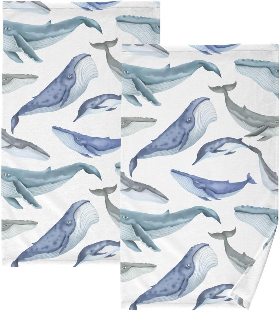 Watercolor Whales Hand Towels for Bathroom - Soft Cotton Hand Towel Set of 2, Absorbent Quick Drying Hand Towels for Hotel, Bathroom, Shower, Spa, 28" X 16"
