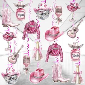 Feifeiya 54 Pcs Disco Cowgirl Party Decorations, Rodeo Bachelorette Party Decorations Hot Pink Glitter Coquette Hanging Swirls Ceiling Decor for Disco Western Cowgirl Birthday Supplies for Women