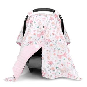Baby Car Seat Cover, Soft Minky Warm Winter Car Seat Canopy for Infants & Toddlers, Opening with Adjustable Strap, Breathable Nursing Cover & Stroller Blanket, Pink Flowers (Fits Most Car Seats)