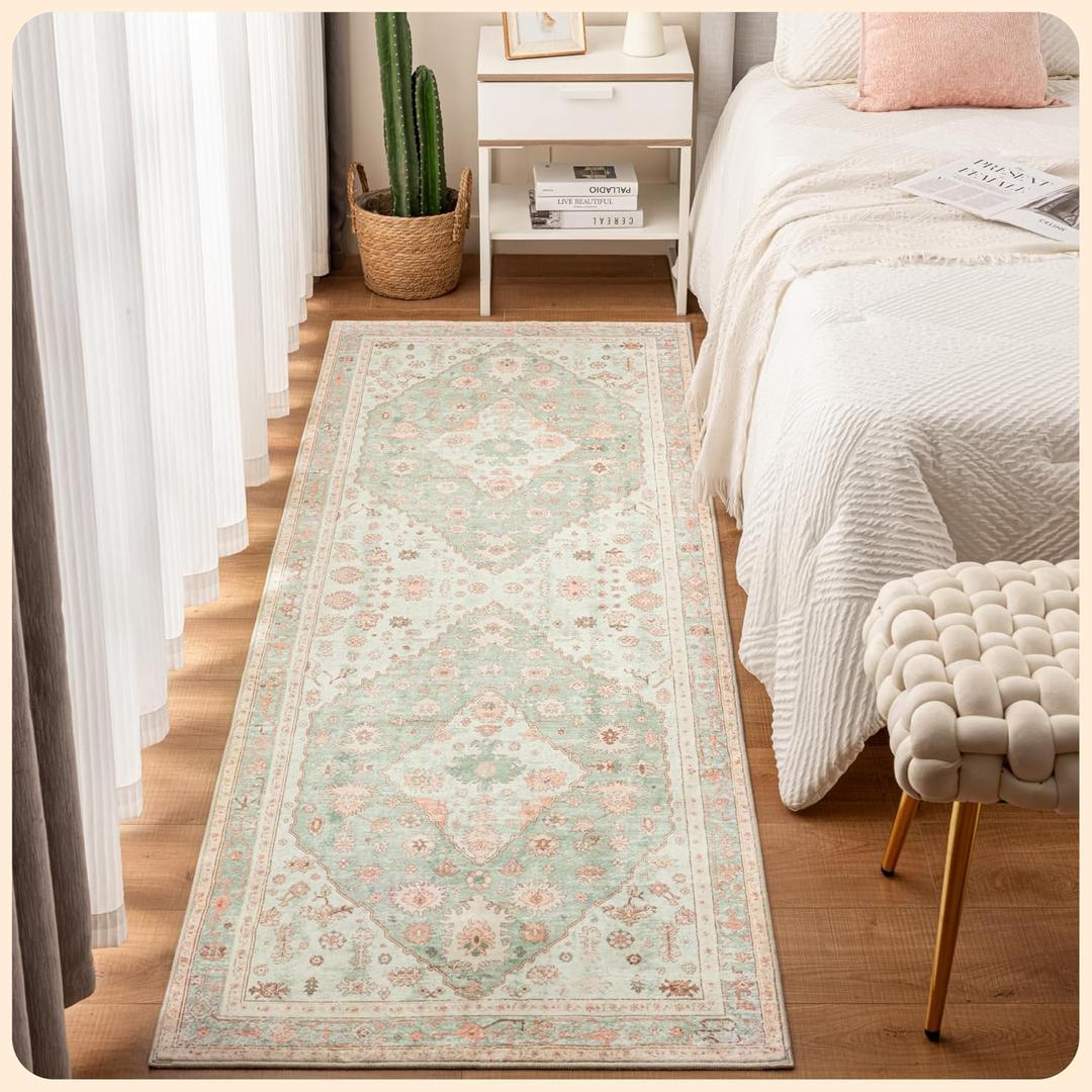 Istana Hallway Runner Rug 2.5x8 - Light Green/Pink Kitchen Rugs Non Slip Washable -Silk's Soft Touch Carpet Runner - Stylish Rugs for Home