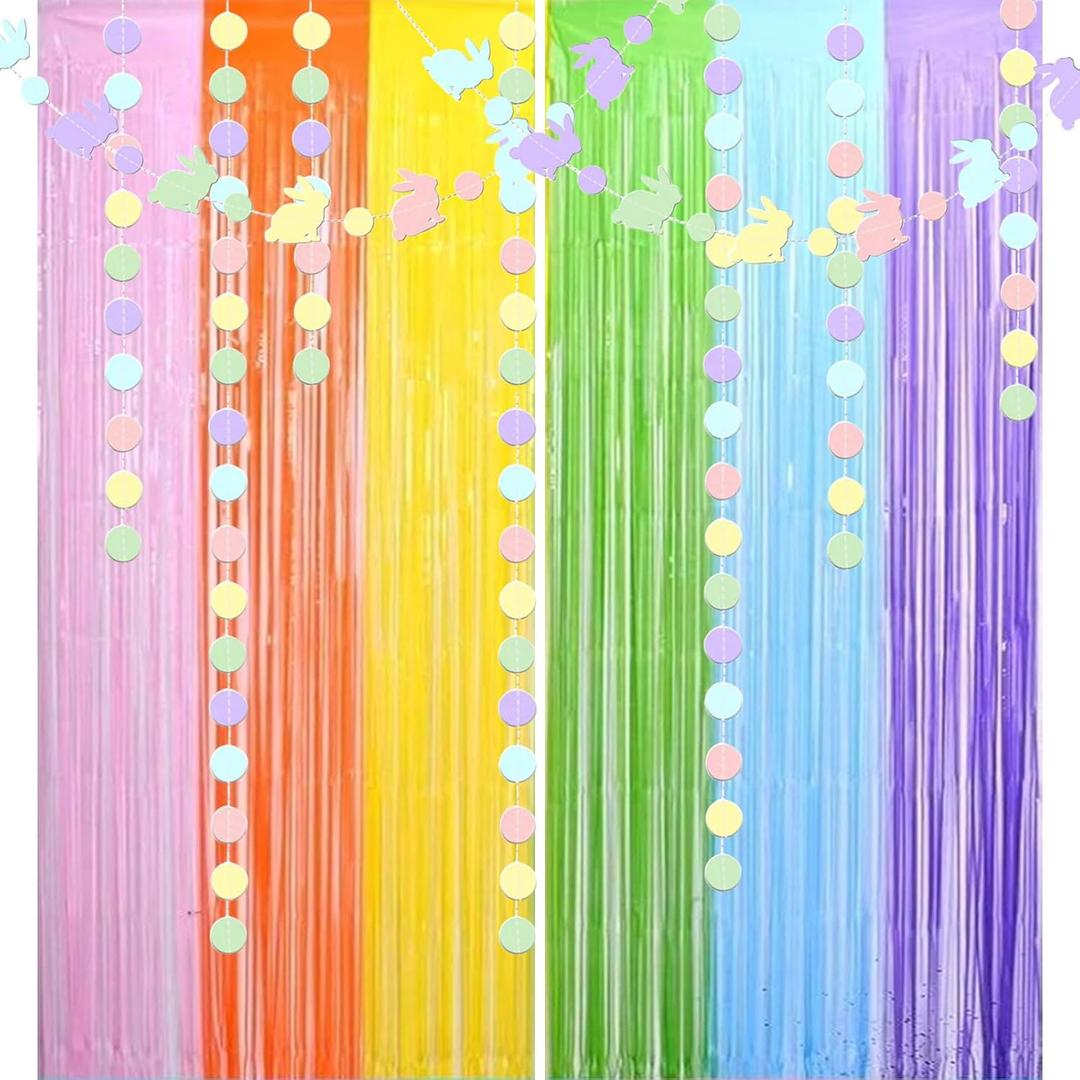Easter Decorations Foil Fringe Curtains Photo Booth Prop Hanging Garland Easter Bunny Banner Rabbit Garland Rainbow Foil Fringe Curtains for Birthday Wedding Engagement Bridal Shower (Colorful)