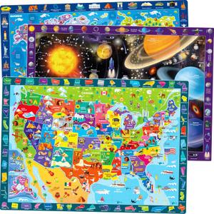 QUOKKA 100 Piece Puzzles for Kids Ages 4-6 - 3 Set Kids Puzzles Ages 6-8 - Learning Map of The United States World Space - Educational Games for 5-8 Years - Toys for 3 Year Old Boys and Girls