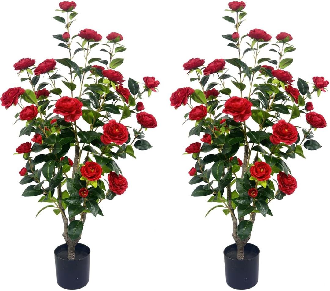 Artificial Camellia Tree 3.4ft Fake Trees pseudophyte (2, red)