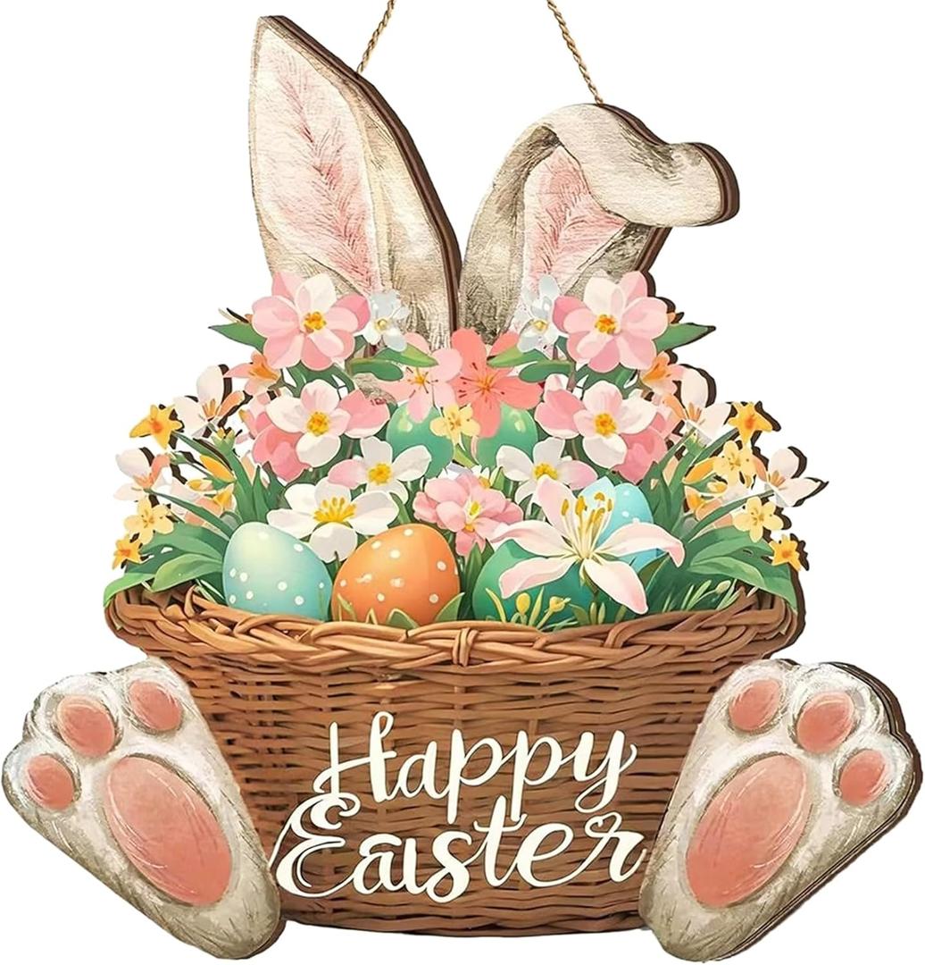 2 x Easter Front Door Hanging Decor Wreath with Bunny & Spring Flowers, Seasonal Easter Wall Sign Decorations for Porch, Entryway, Indoor & Outdoor Spring Home Decor