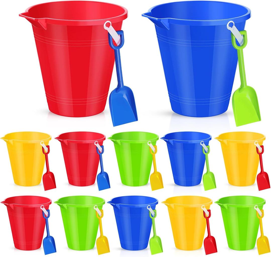 Didaey 12 Set Beach Sand Buckets and Shovels Set Includes 9 Inch Large Sand Buckets and Shovels Beach Pails Toys for Kids for Summer Theme Party Favors Summer Game (4 Colors), Buckets: 9 inches, Shovels: 7.5 x 2.5 inches