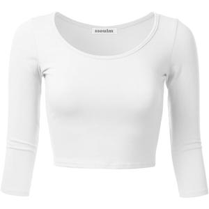SSOULM Women's 3/4 Sleeve Scoop Neck Cotton Slim Fit Crop Top, M