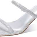 Women's Square Open Toe Heeled Sandals Two Strap Mules Slip On Block Chunky Mid Heels Sandals (Silver)