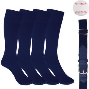 Mikovivi Youth Baseball Socks, Belt and Ball Set, Softball Knee High Socks for Football Sports Athletic Gear Accessories Adjustable Belt & Baseball for Boys Girls (Dark Blue, M) 