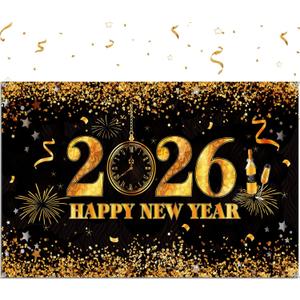 Sumind Happy New Year Party Decorations Supplies Extra Large Black and Gold Glitter 2026 Happy New Year Backdrop Banner for 2026 Party Decor Banner Fireworks Photo Booth Background, 73 x 43 Inch