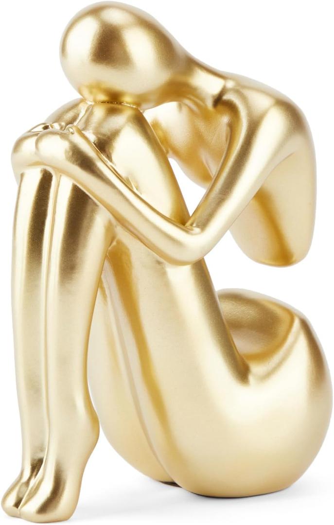 Xmeden Gold Decor Women Statue, Thinker Girl Sculptures, Modern Abstract Art Accents, Golden Resin Collectible Figurines for Living Room Bedroom Bookshelf Coffe Table, Resin, 1Piece