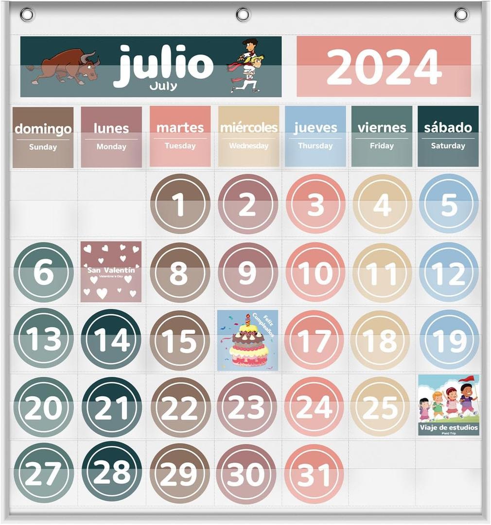 Monthly Calendar Pocket Chart for Classroom, Printed Days of The Week with Cards, Learning for Home or Kindergarten, Teacher Must Have Supplies That Fits Any School Décor (Spanish White)