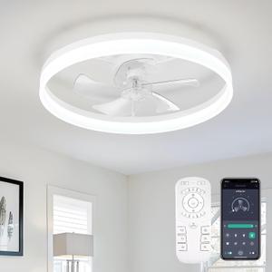 Ceiling Fans with Lights, 24" Low Profile Flush Mount Ceiling Fan and Remote Control, 6 Speed. Reversible Motor, Dimmable LED, Low Noise Fan for Bedroom, Kitchen, Office (White)