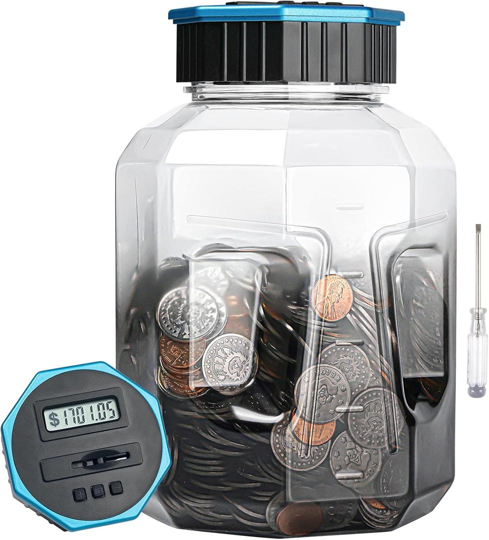 X-Large Piggy Bank for Adults Kids, Vcertcpl Digital Coin Counting Bank with LCD Counter, 2.4L Capacity, Great Coin Counter Bank Money Counting Jar with Total Amount Displayed (G Gray, X-Large)