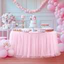 60 Inch Pink Round Tulle Table Skirt with Top Table Cover Wrinkle Free Ruffle Tutu Skirt Spandex Stretch Fitted Round Tablecloths for Wedding Birthday Party Baby Shower Bridal Shower Banquet Event