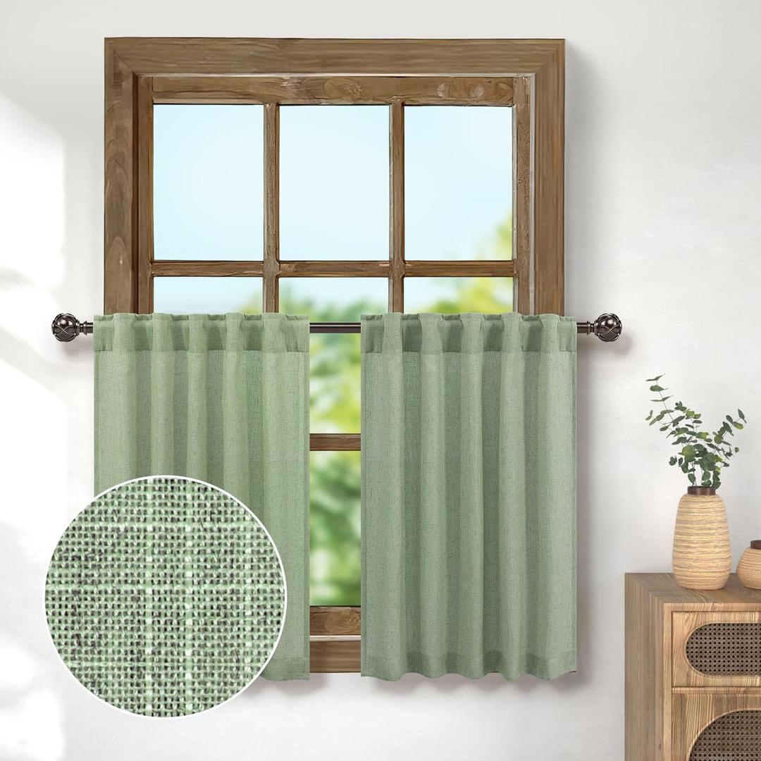 Sage Green Linen Kitchen Curtains for Small Window 36 Inch Length 2 Panels Back Tab Pocket Neutral Farmhouse Cafe Tier Semi Sheer Privacy Short Curtains for Bathroom Bedroom 3ft x 3 FT Long Light Sage