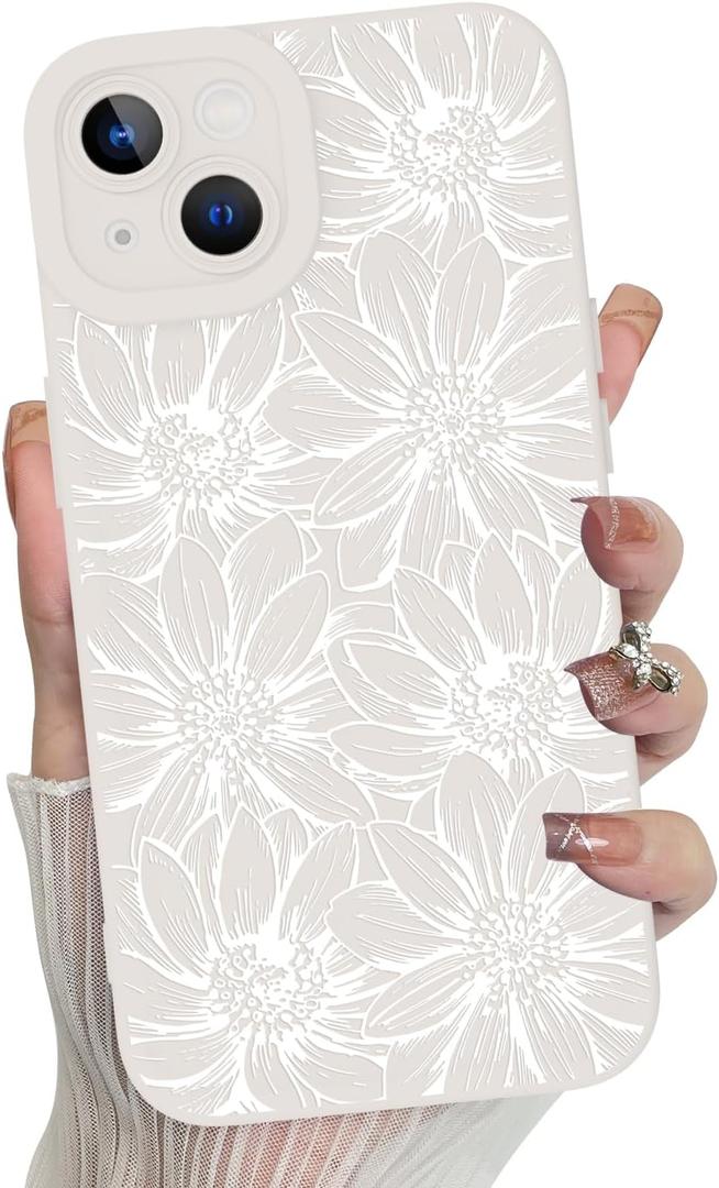 MZELQ for iPhone 13 Case, Silicone Floral Flowers Sunflowers Cute Pattern, Camera Protection Soft Slim Phone Cover for Girls Women - White