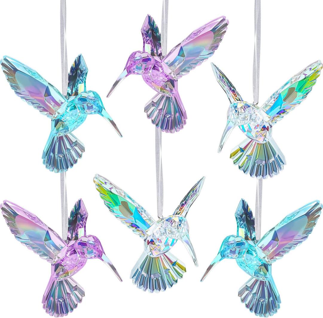 Chunful 6 Pcs Christmas Hummingbird Ornaments Hanging Acrylic Iridescent Hummingbird Flying Figurine Clear and Purple Blue Humming Bird Decor for Christmas Trees Home Decorations