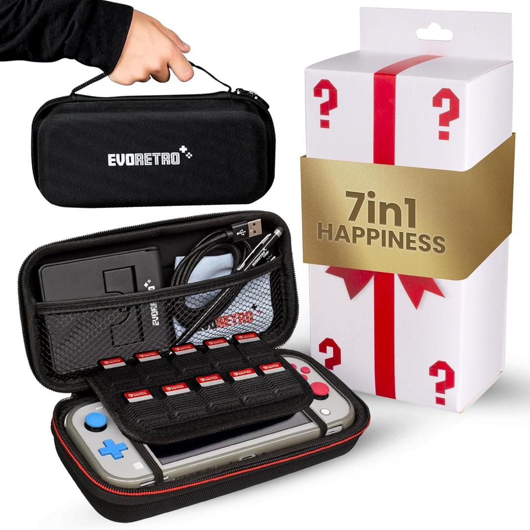 EVORETRO Switch Lite Case Accessories Kit  Compatible with Nintendo Switch Lite  Protective Carrying Case + Game Card Holder + Screen Protector  Fits Pokmon, Animal Crossing, Mario & More (Black)