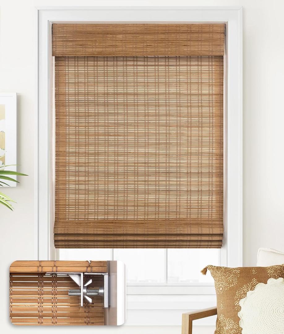 LazBlinds No Tools No Drill Cordless Bamboo Roman Shades, Light Filtering Window Treatment, Roll Up Bamboo Blinds for Window 25'' W x 64'' H, Tuscan B