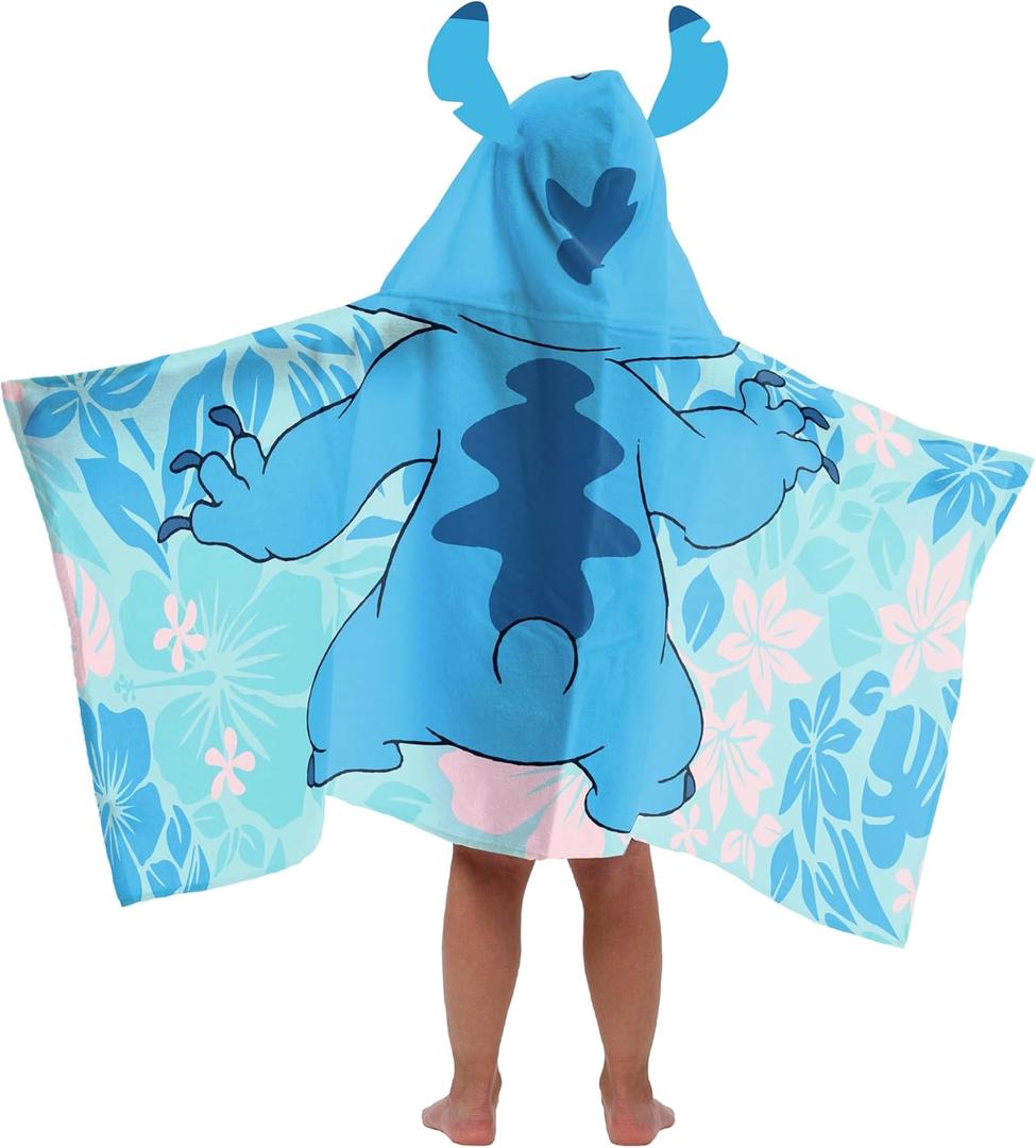 Jay Franco Kids Hooded Towel  22" x 51" Super Soft Bath Wrap with 3D Hood, Beach, Pool & Travel, Official Licensed Product, Blue - Lilo & Stitch