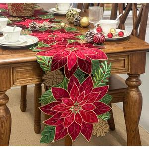 KEVA Holiday Christmas Table Runner 72 inches Long, Embroidered Red Velvet Poinsettia Cutwork Christmas Table Decorations for Home and Kitchen, Red Table Runner 13 Inch x 72Inch