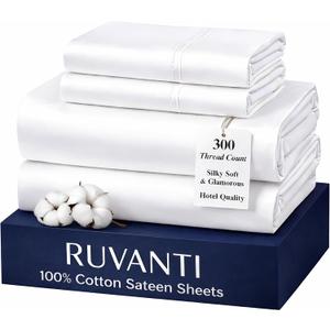 RUVANTI 100% Cotton Sheets Queen Size Bed Set - 300 Thread Count Silky Soft Sateen Weave, Cooling, Lightweight & Breathable, 16" Deep Pocket, Durable & Luxury Satin-Like, 4 Piece, Bright White