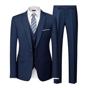 MY'S Men's 3 Piece Slim Fit Suit Set, 2 Button Blazer Jacket Vest Pants with Tie, Solid Wedding Dress Tux and Trousers Deep Blue Size L