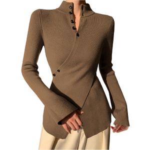 MakeMeChic Women's Wrap Cross Mock Neck Sweater Long Sleeve Button Front Knitted Pullover Tops (XX-Large, Coffee Brown)