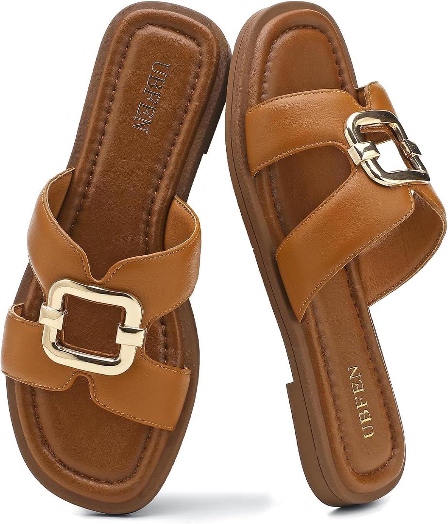 UBFEN Women's Square Toe H-Strap Slide Sandals Trendy Comfortable Summer Flat Sandals for Casual, Beach, Vacation, 38