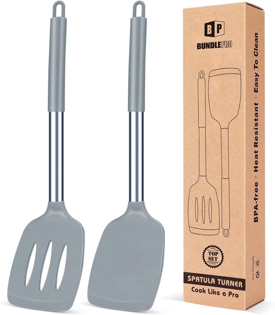 Pack of 2 Silicone Solid Turner, Non Stick Slotted Kitchen Spatulas, High Heat Resistant BPA Free Cooking Utensils, Ideal Cookware for Fish, Eggs, Pancakes(Gray)