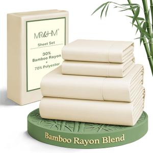 MR&HM King Size Sheets Set, 4-Piece Cooling Sheets, Rayon Derived from Bamboo & Polyester Blend, Soft & Silky, 15" Deep Pockets with Elastic Straps, Hotel Luxury for Hot Sleepers, Cream